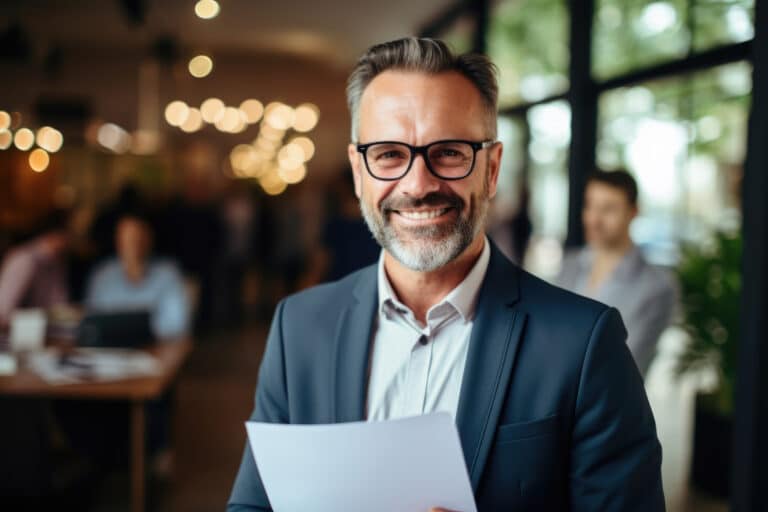 Smiling man in a suit holding a document, representing satisfaction with employee background checks for informed hiring decisions.