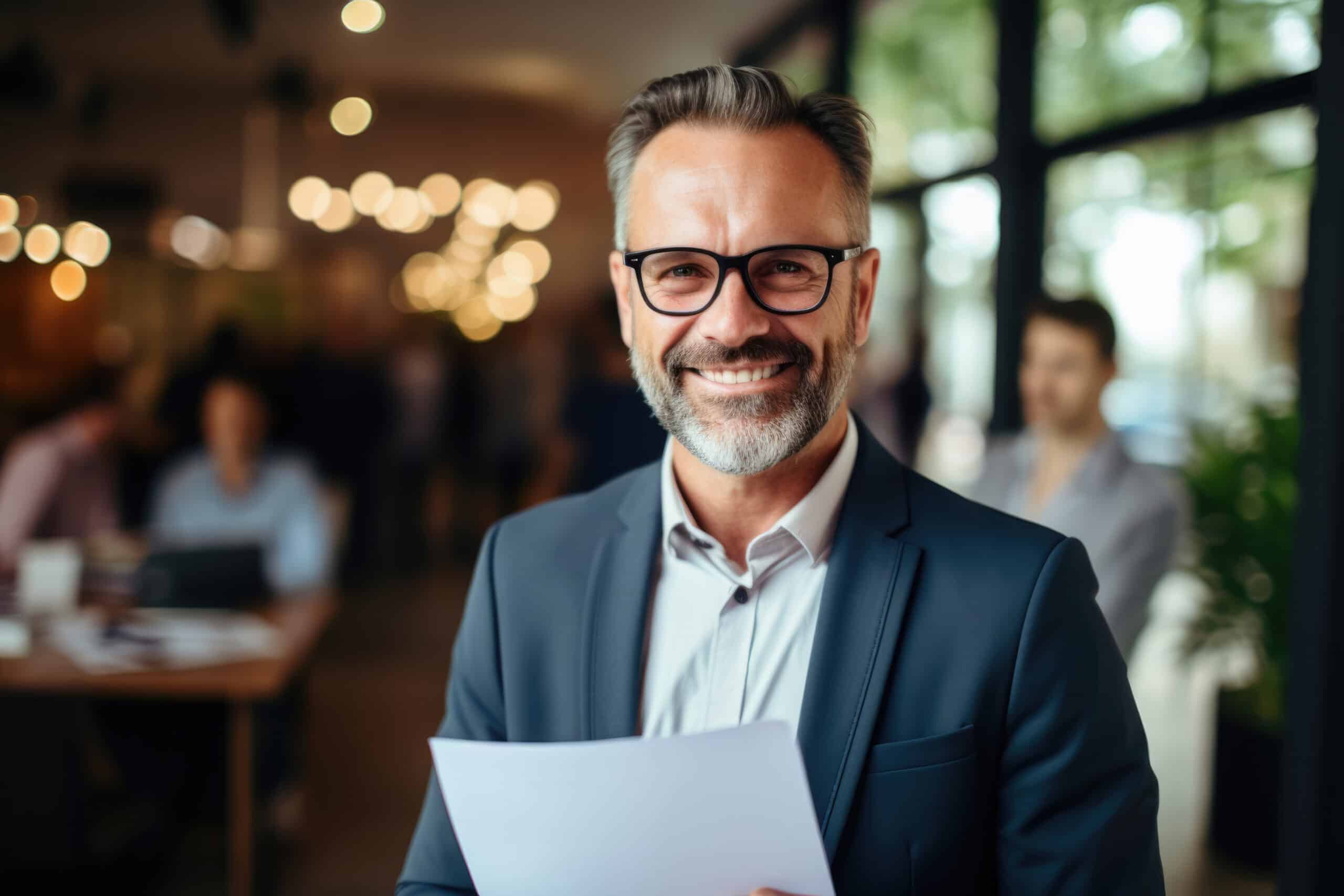 Smiling man in a suit holding a document, representing satisfaction with employee background checks for informed hiring decisions.